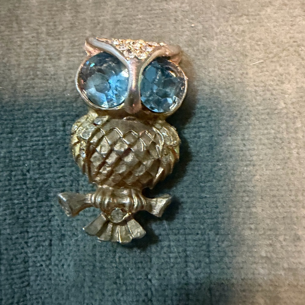 Vintage Gold and Blue Gem Owl Brooch